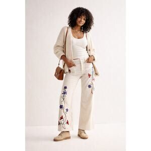 We The Free Winter Bloom Embroidered Wide Leg Jeans Boho Floral Corduroy Sz 28